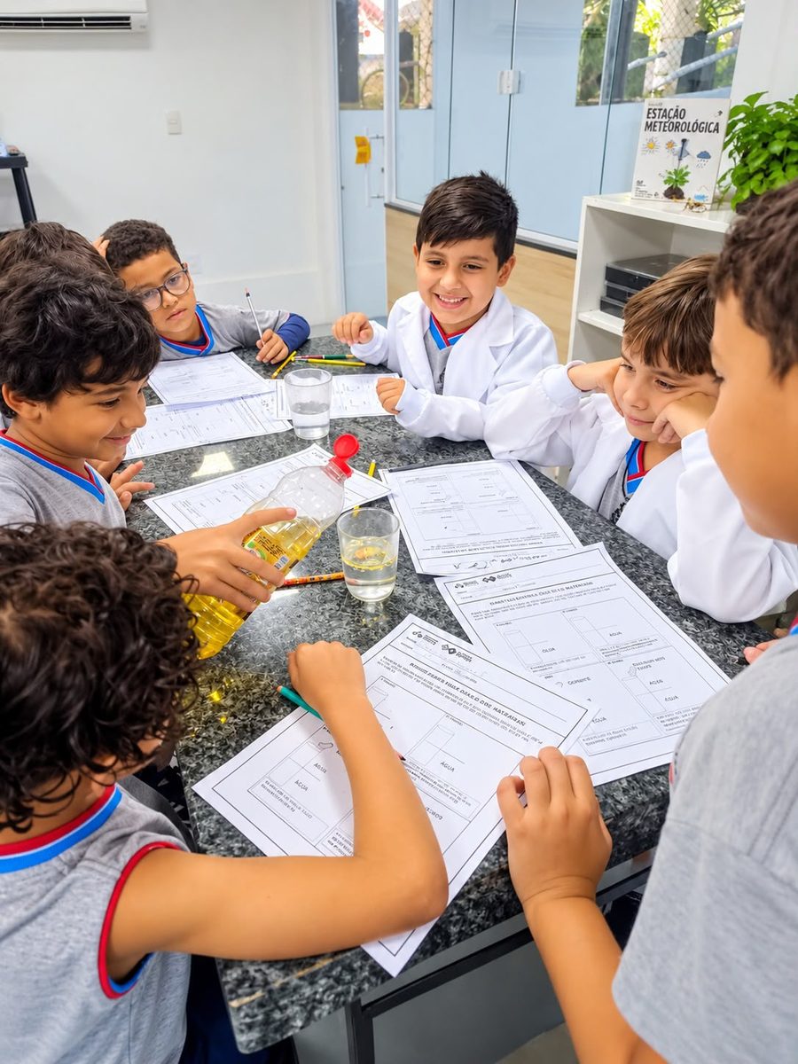 Grupo pequeno de alunos de jaleco fazendo um experimento em sala