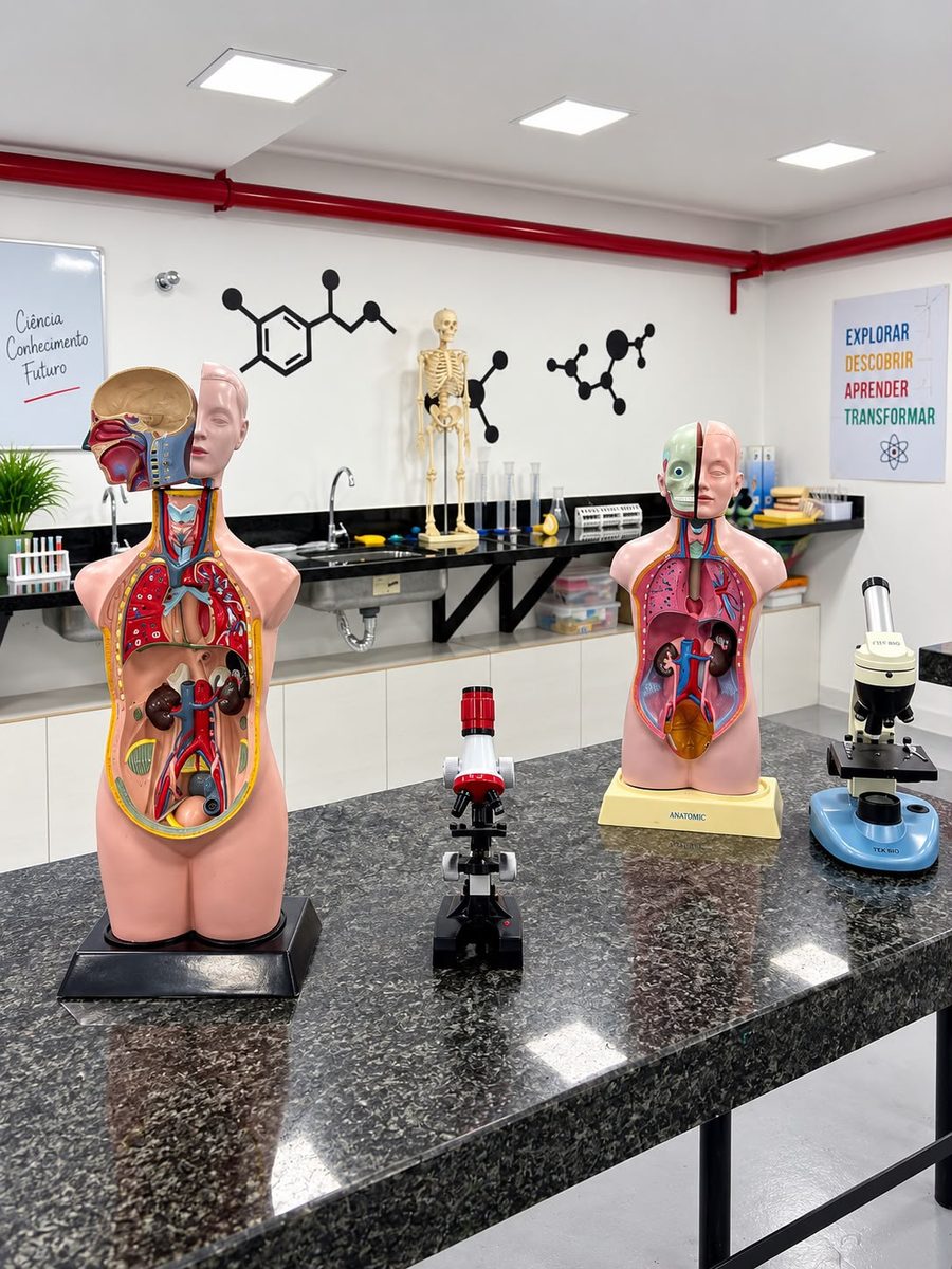 Bancada do laboratório de ciências com modelos anatômicos e microscópio