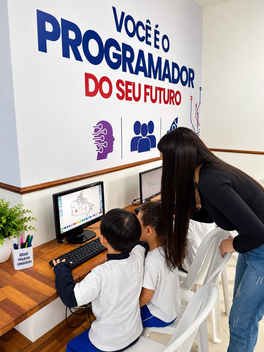 Professora orientando alunos no computador na sala maker