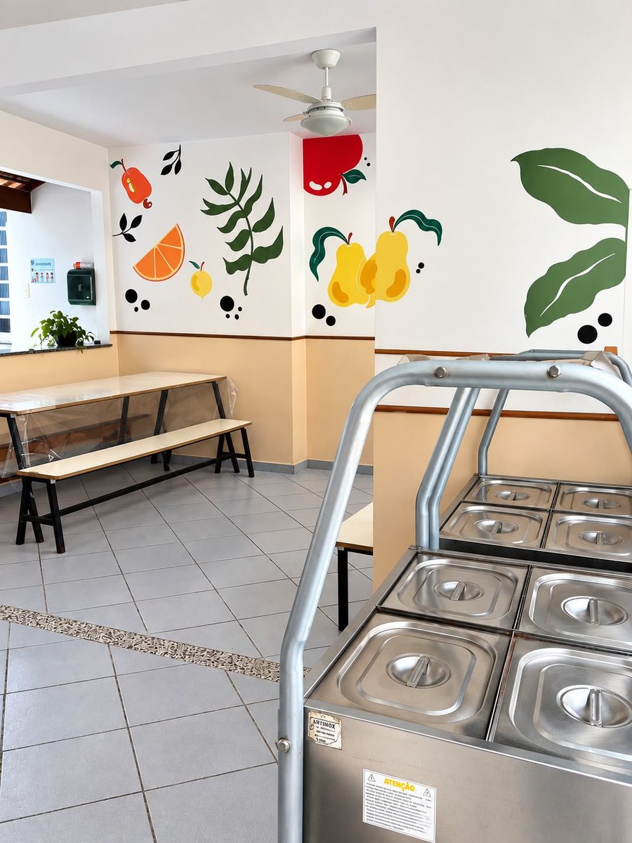 Refeitório da escola com balcão térmico e parede ilustrada com frutas