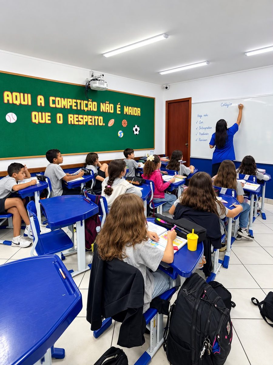 Turma pequena em sala de aula com a professora escrevendo no quadro