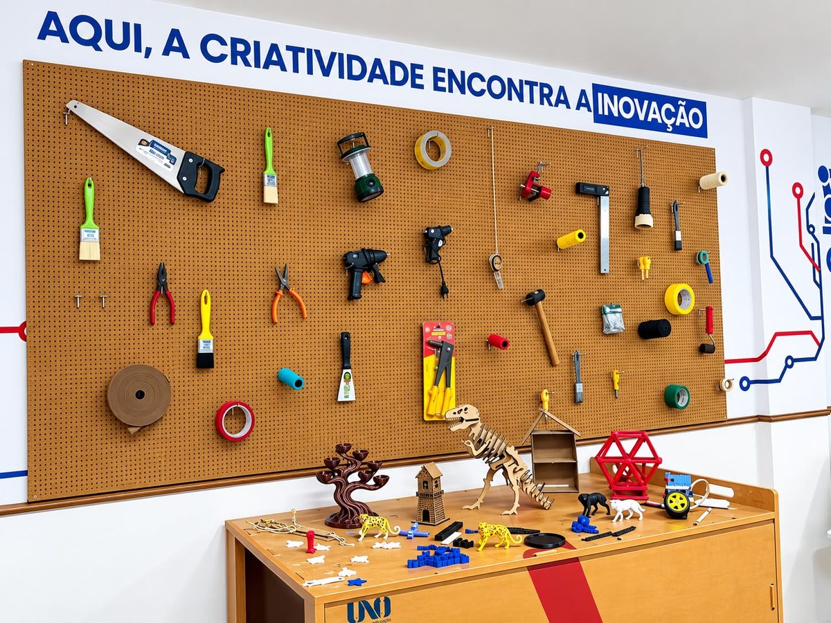 Sala Maker com painel de ferramentas e projetos criados pelos alunos